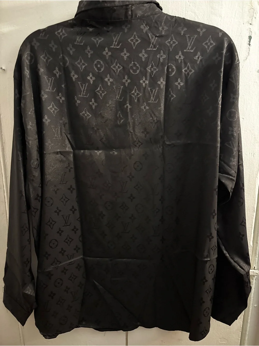 Brand New Fashion top Black Monogram Satin Button-Up Shirt